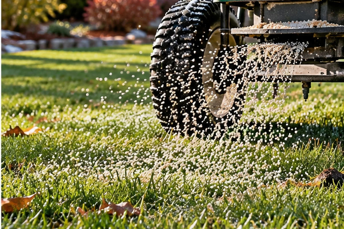 Autumn leaves on a healthy Connecticut lawn during late-season fertilization